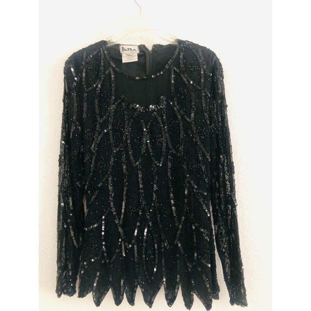Patra petites sequin glass beads mesh black blouse size PM lined